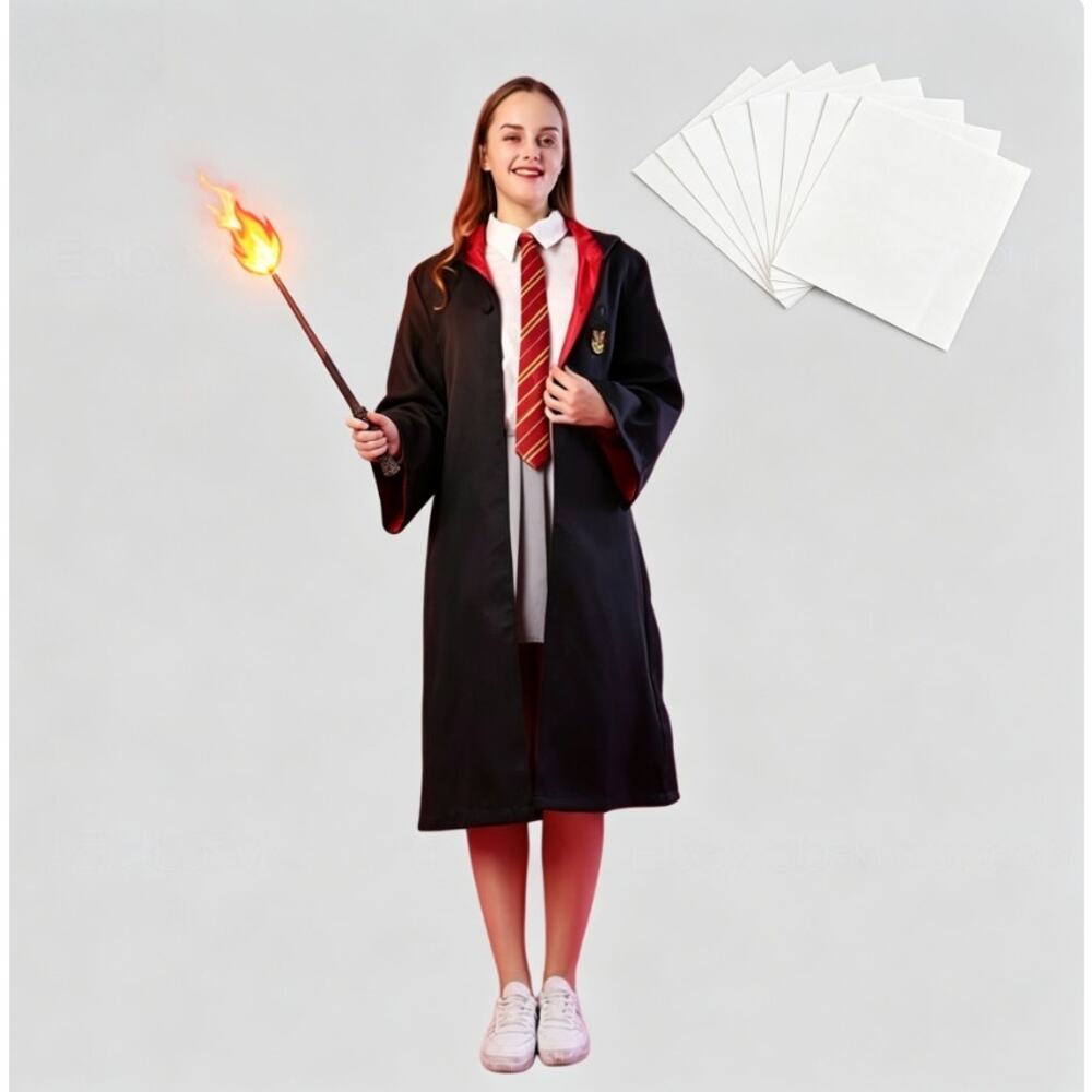 Harry Potter Wizard Cosplay Kit | Robe, Fire Magic Wand & 50-Count Flash Paper